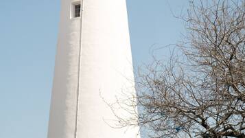 Un grand phare blanc, surmonté d’une partie noire et doté d’un balcon, entouré d’une zone herbeuse et d’un arbre sans feuilles.