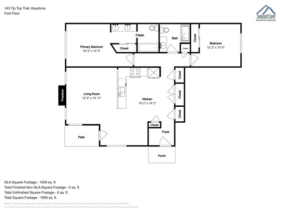 A floor plan of a vacation lodging at 143 Tip Top Trail, Keystone, First Floor, including a primary bedroom, living room, kitchen, patio, foyer, and porch. - Settlers Creek 6528 (Keystone)