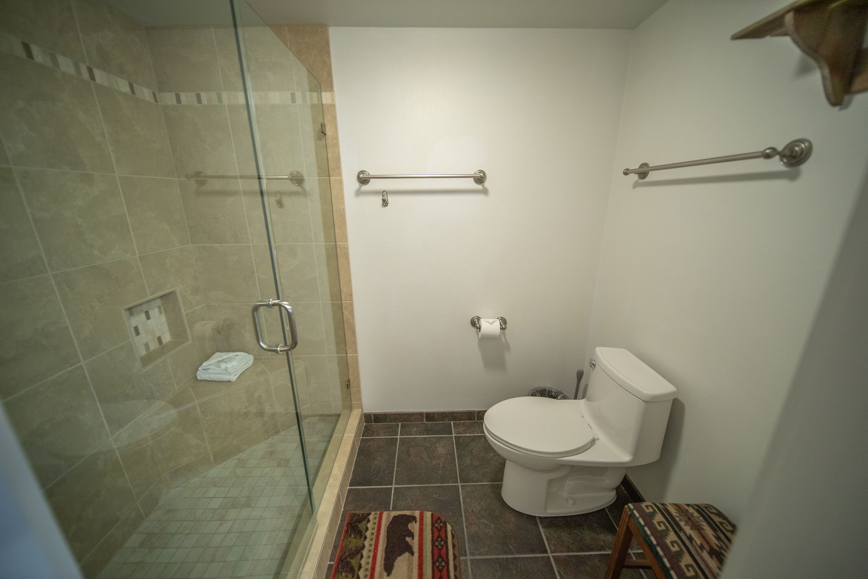 A bathroom with a glass shower enclosure, a toilet, and a small rug.
