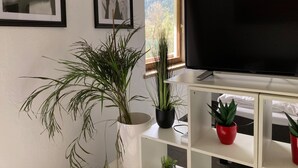 A living room with a large flat-screen TV, a potted plant, and framed pictures on the wall. - Studio Apartment mit Balkon, am See mit Privat Badestrand. Haustierfreundlich! (Afritz)