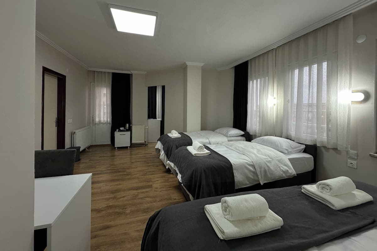 A hotel room with two beds, a desk, a radiator, and a window with curtains.