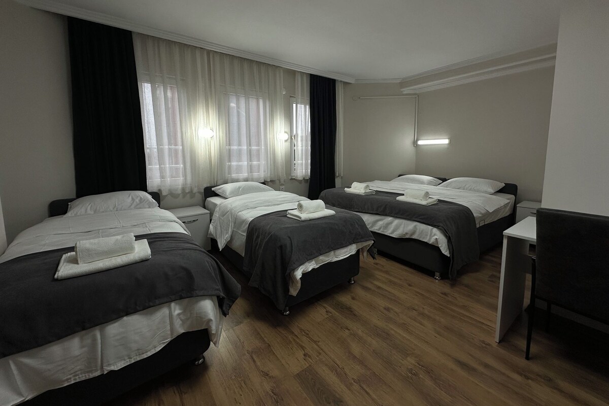 A hotel room with three single beds, a small desk, and a television.