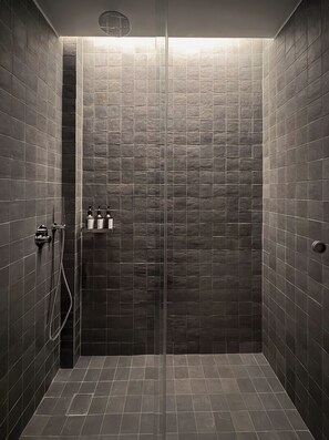 Douche, sèche-cheveux, serviettes fournies, savon