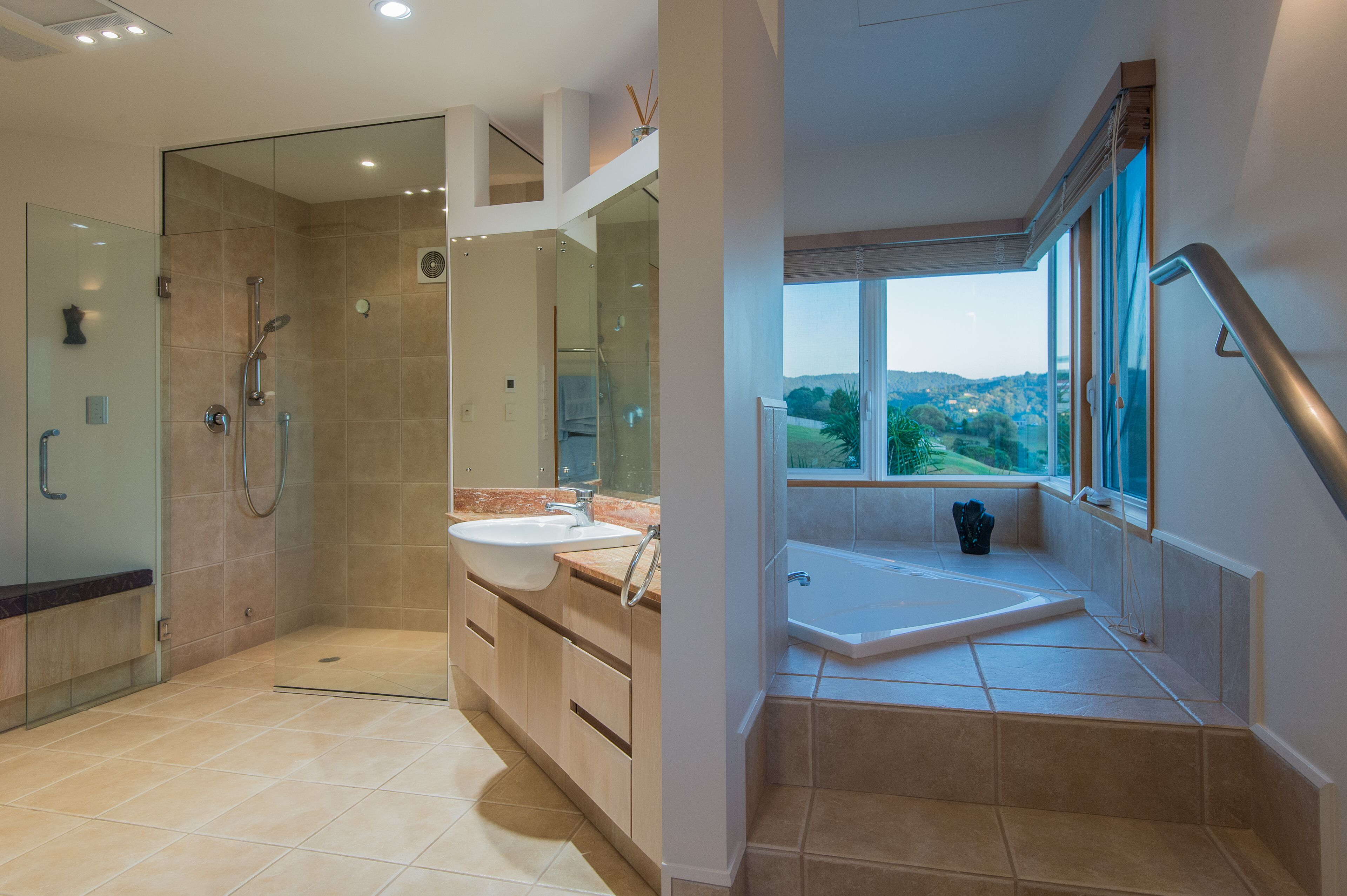 Shower, hair dryer, bidet, towels