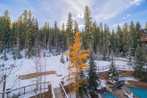 Paisaje nevado con una zona de piscina, rodeado de altos árboles de hoja perenne y un llamativo árbol de naranja.