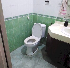 Une salle de bain avec des toilettes, un lavabo et des murs recouverts de carreaux verts.