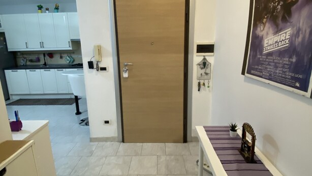 A modern kitchen with white cabinets and a wooden door.