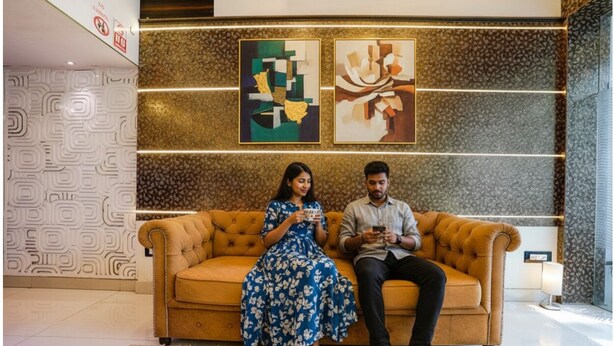 A couple sitting on a tufted sofa in a modern lobby with abstract art on the wall and patterned wallpaper. - FabHotel Golden Star (Mumbai)