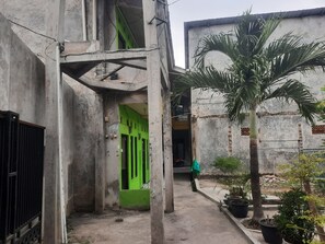A narrow alleyway with a green door, concrete walls, and a palm tree. - OYO Life  93023 Kost Bulan Karawang (Karawang)