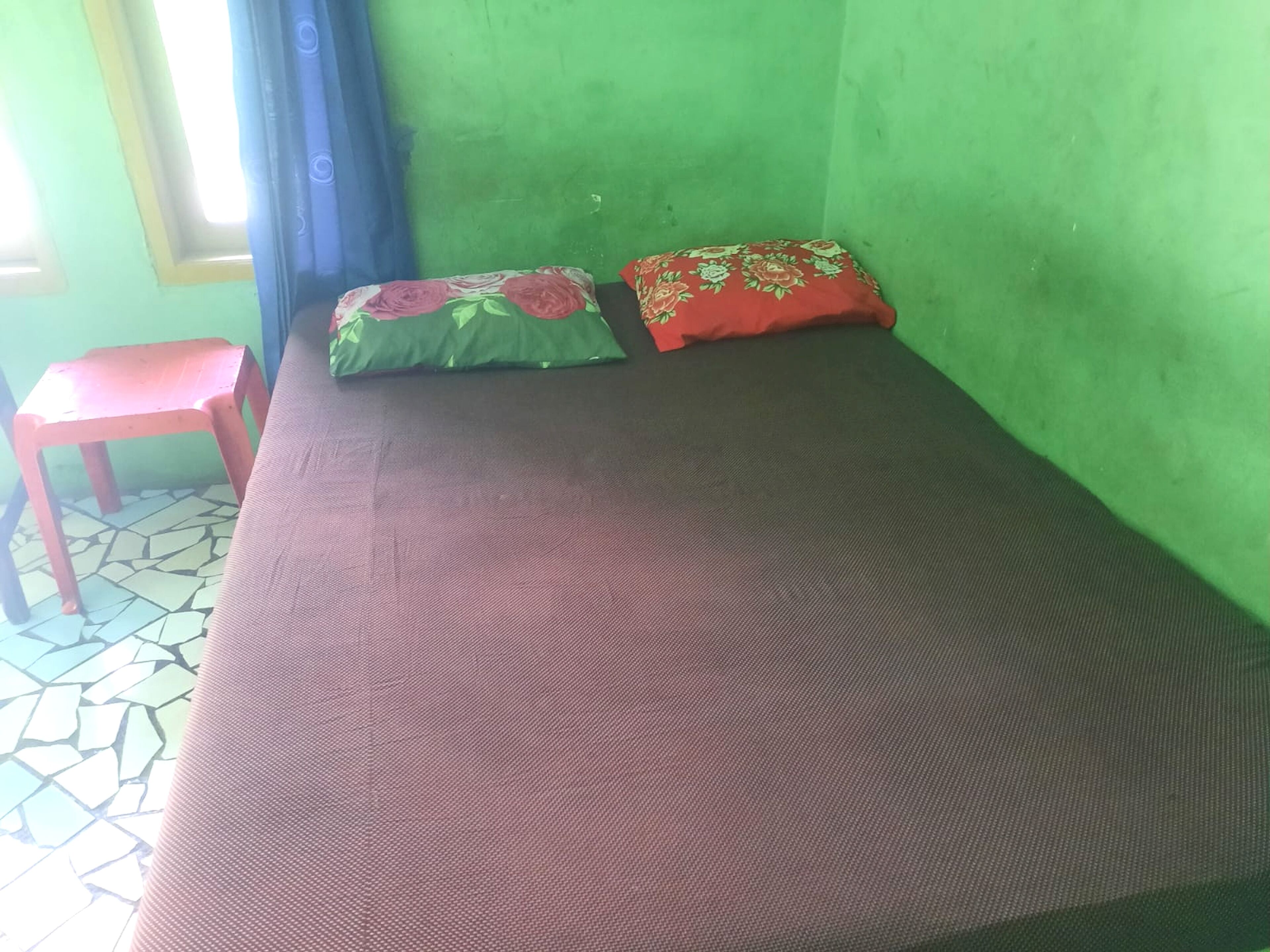 Una cama individual con un colchón oscuro y dos almohadas, una verde y otra roja, en una habitación con paredes verdes y suelo de baldosas.
