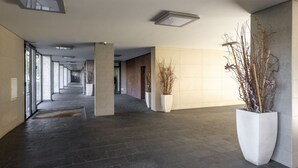 A modern hallway with a long corridor, large windows, and potted plants. - BnButler - Celio, 11 (Milano)