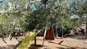 Une aire de jeux avec un toboggan jaune et une balançoire en bois.