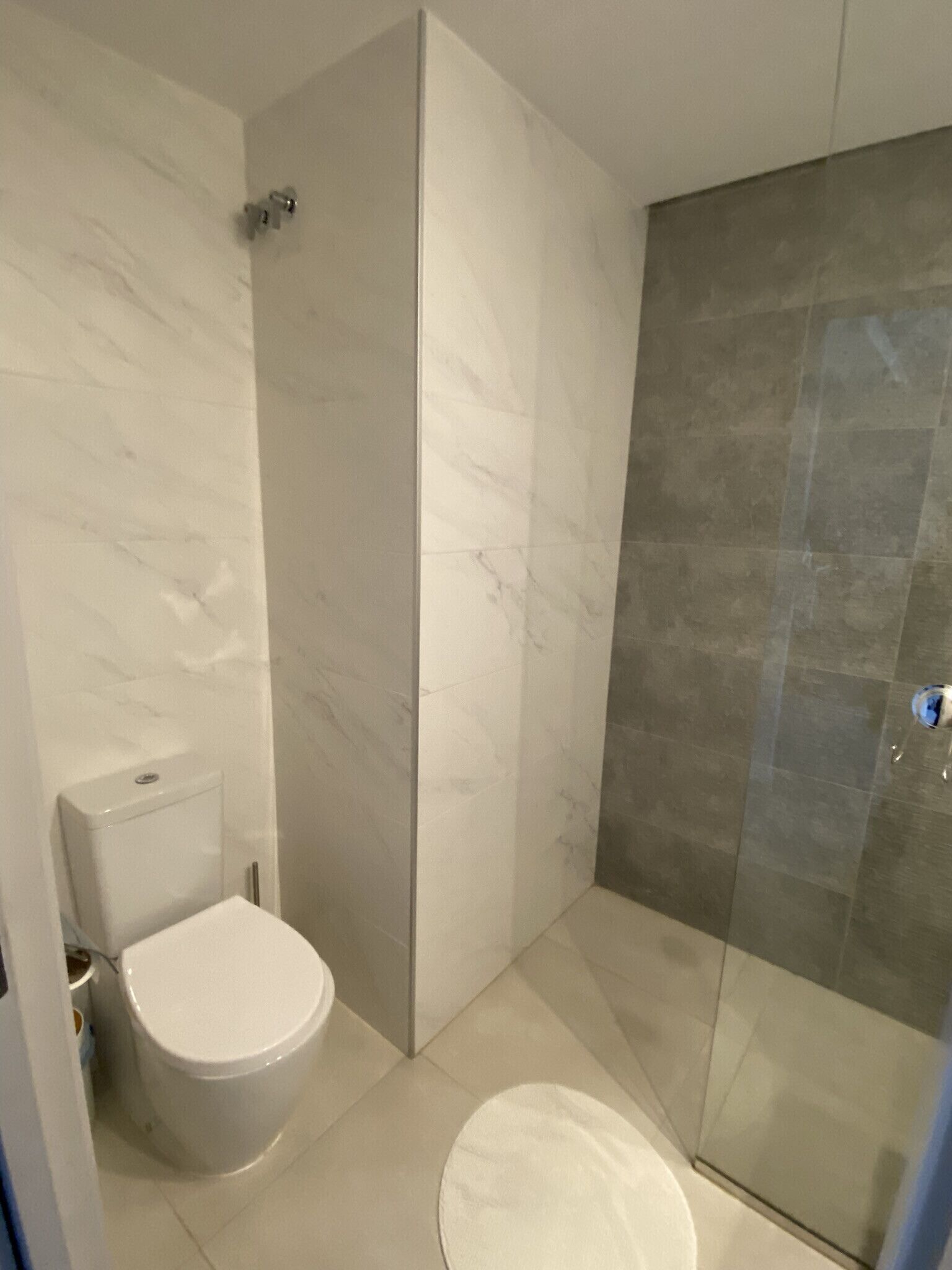 Een moderne badkamer met toilet, douchecabine en een glazen douchedeur.
