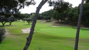 A golf course with sand bunkers, a putting green, and trees.