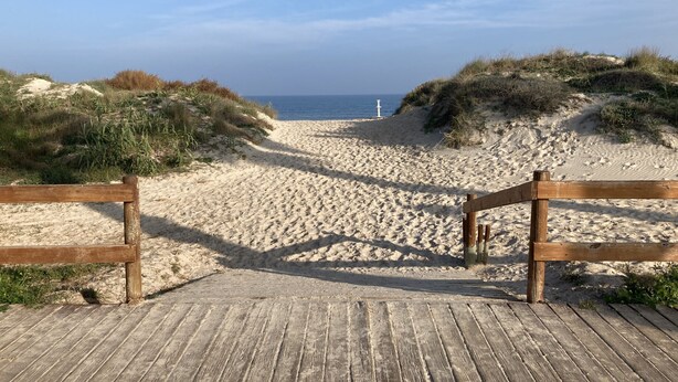 A wooden boardwalk leading to a sandy beach with dunes and a clear sky. - Penthouse Higuericas Playa, Pilar de la horadada (Pilar de la Horadada)