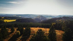 A panoramic view of a mountainous landscape with dense forests and rolling hills.
