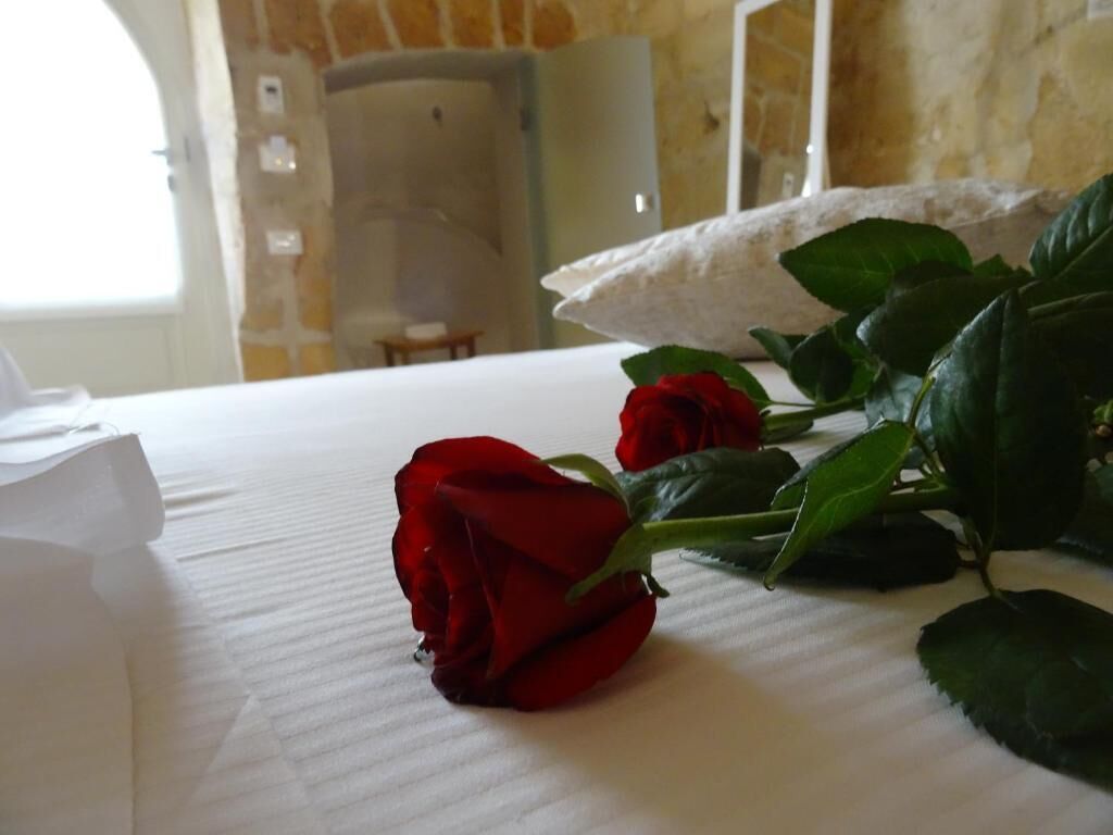 A bed with white linens and a single red rose on it.