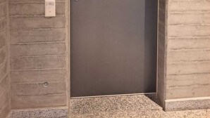 Eine moderne Aufzugstür mit metallenem Griff und einem kleinen Bedienfeld an der Wand.