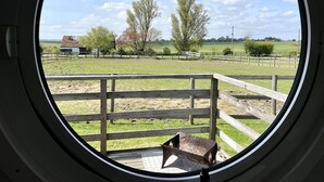 A view through a circular window of a grassy field with a wooden fence, a small building, and trees.