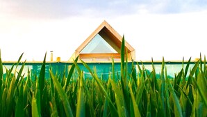 A modern building with a triangular roof and large windows, surrounded by tall grass. - Lushna Petite 12 at Lee Wick Farm Glamping (Clacton on Sea)
