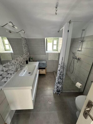 Hair dryer, towels, soap, toilet paper
