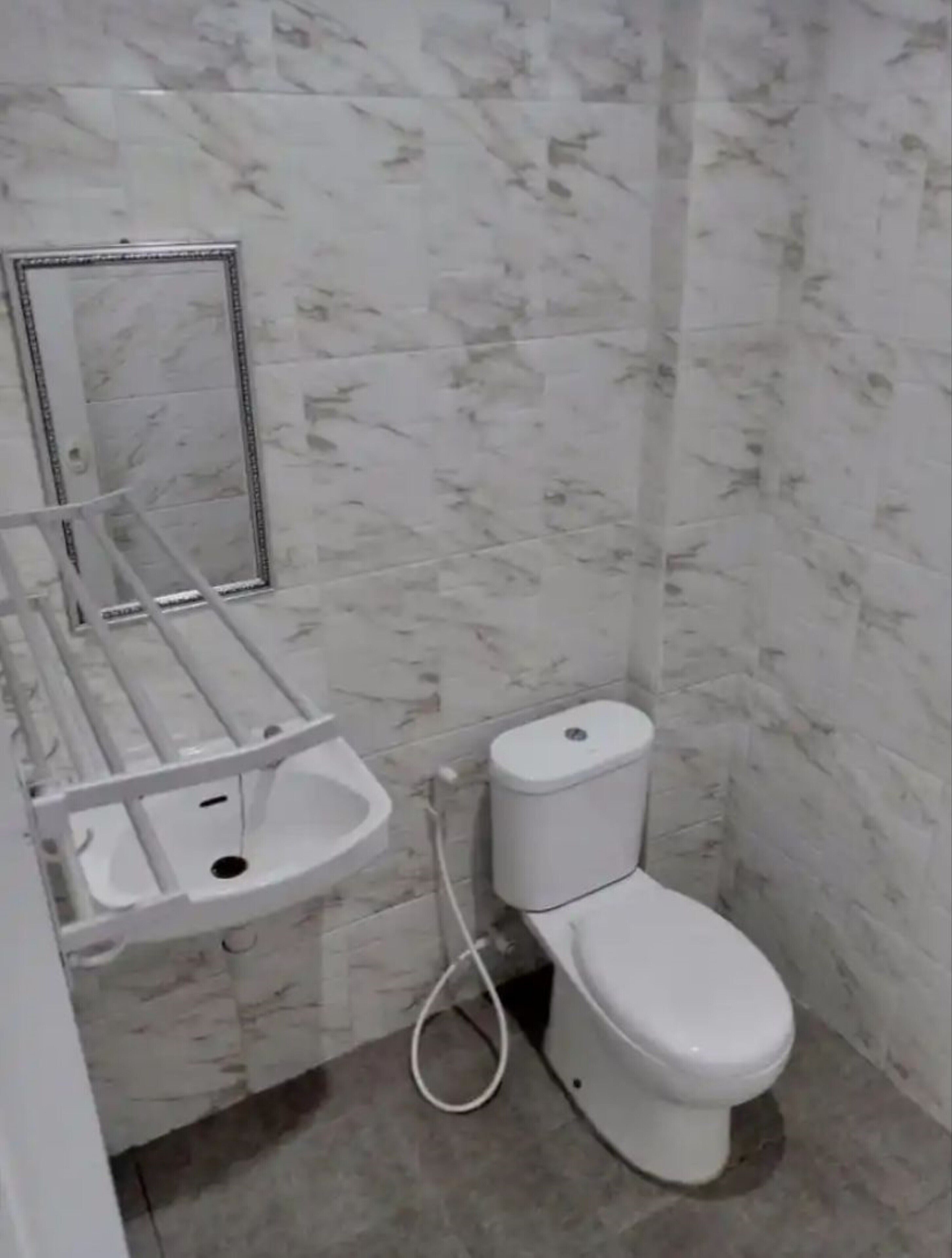 A bathroom with a marble wall, a toilet, and a white sink with a shelf.
