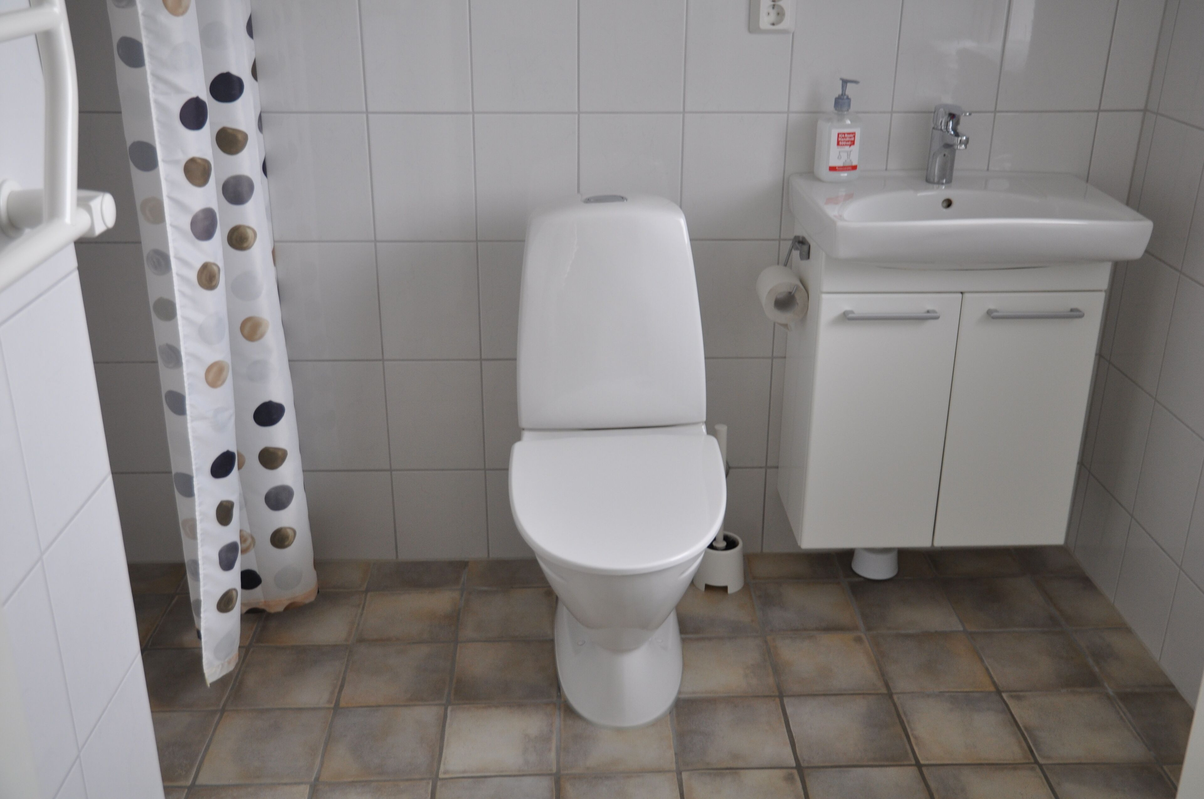 A bathroom with a toilet, a sink, and a shower curtain.
