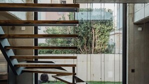 A modern interior with a minimalist staircase leading to a glass door. - Luxury villa with swimming pool, sauna and jacuzzi (Baska)