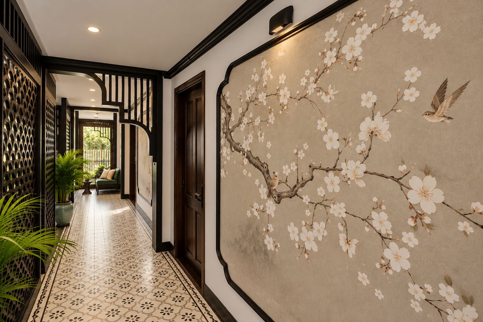A hallway with a patterned floor, a wall with a floral mural, and a door leading to another room.