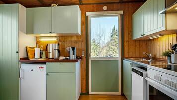 Fridge, stovetop, dishwasher, coffee/tea maker