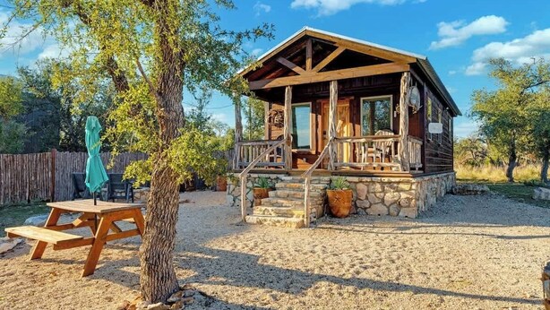 A wooden cabin with a porch, a picnic table, and a tree.
