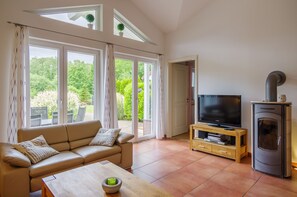 Smart TV, fireplace, DVD player, stereo