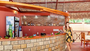 A bar area with a stone counter, a refrigerator, and a variety of bottles and glasses. - BLUE SKY RESORT (Nosy Be)