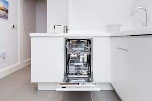Fridge, microwave, dishwasher, coffee/tea maker