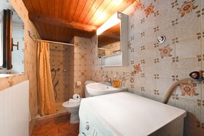 A bathroom with a shower, toilet, sink, and a mirror above the sink. - Rustico al platano 2 (Sonogno)