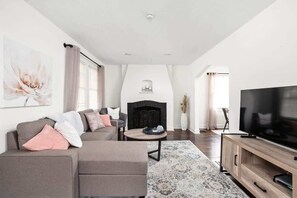 TV, fireplace, offices - Backyard+Porch, Pet-Friendly | Broad Ripple Stay (Indianapolis)