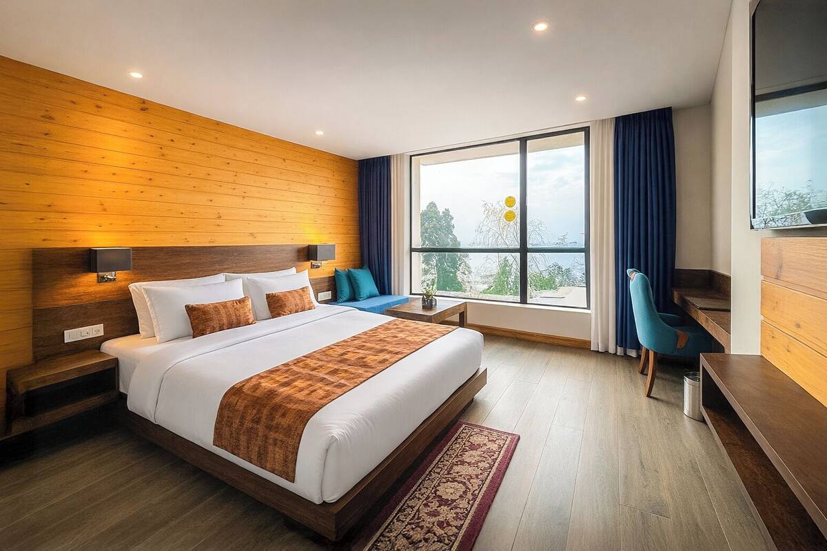Habitación de hotel moderna con una pared de madera, una cama grande con ropa de cama blanca, una silla azul y un ventanal con vistas a árboles.