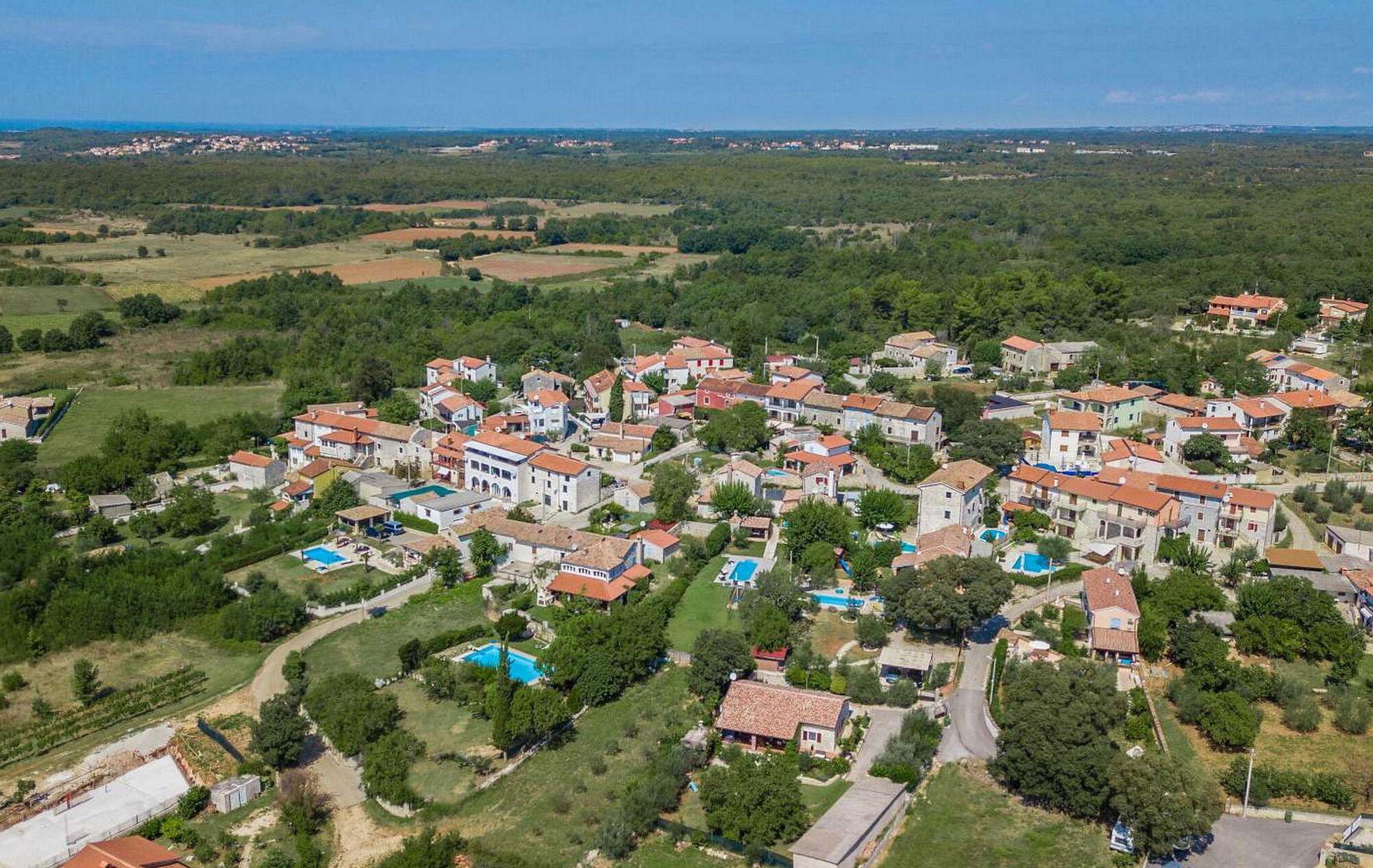 An aerial view of a residential area with houses, some with swimming pools, surrounded by greenery and fields.