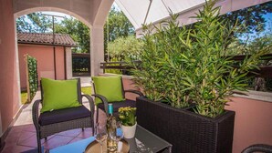 Une terrasse extérieure avec des meubles en osier, une table avec des verres à vin et une grande plante en pot.