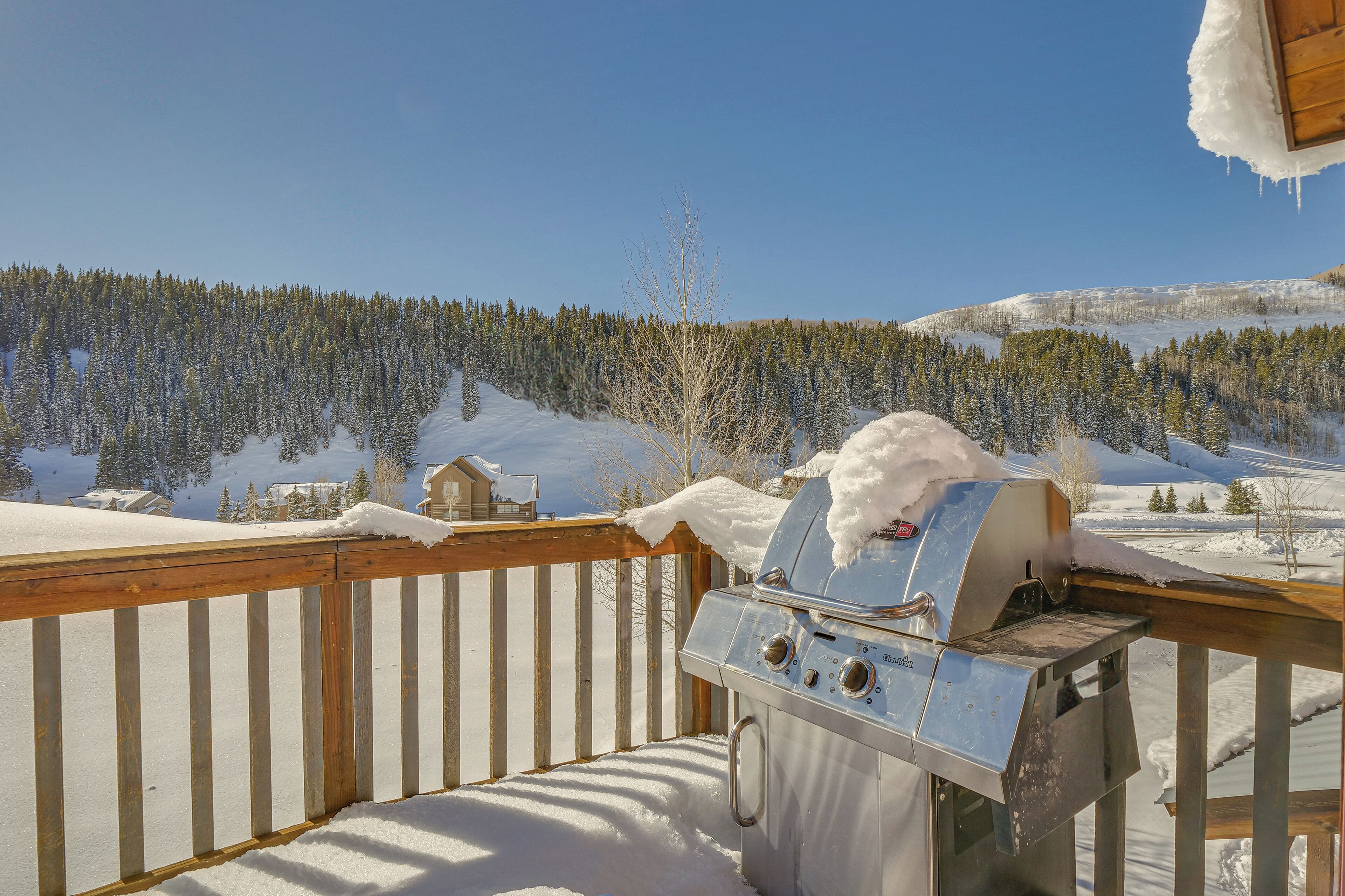 Un rivestimento in legno con una griglia per barbecue, circondato da un paesaggio innevato e alberi.