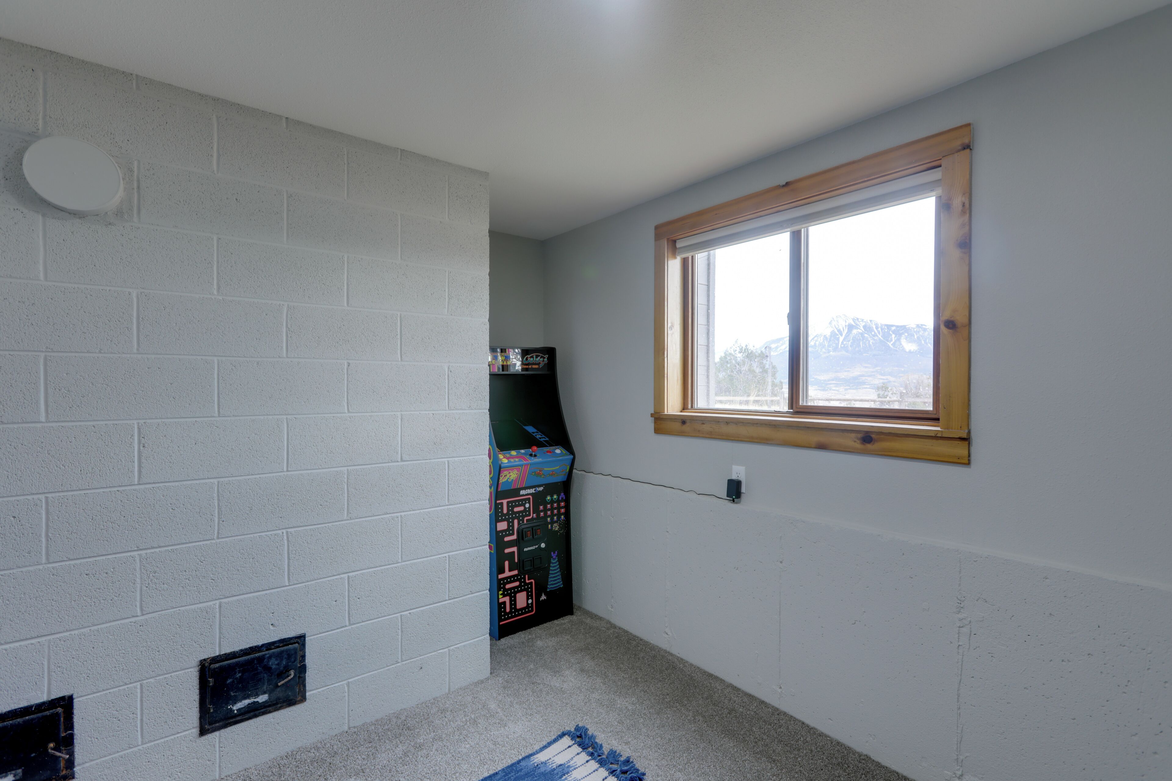 A room with a white brick wall, a window with a wooden frame, and a carpeted floor.