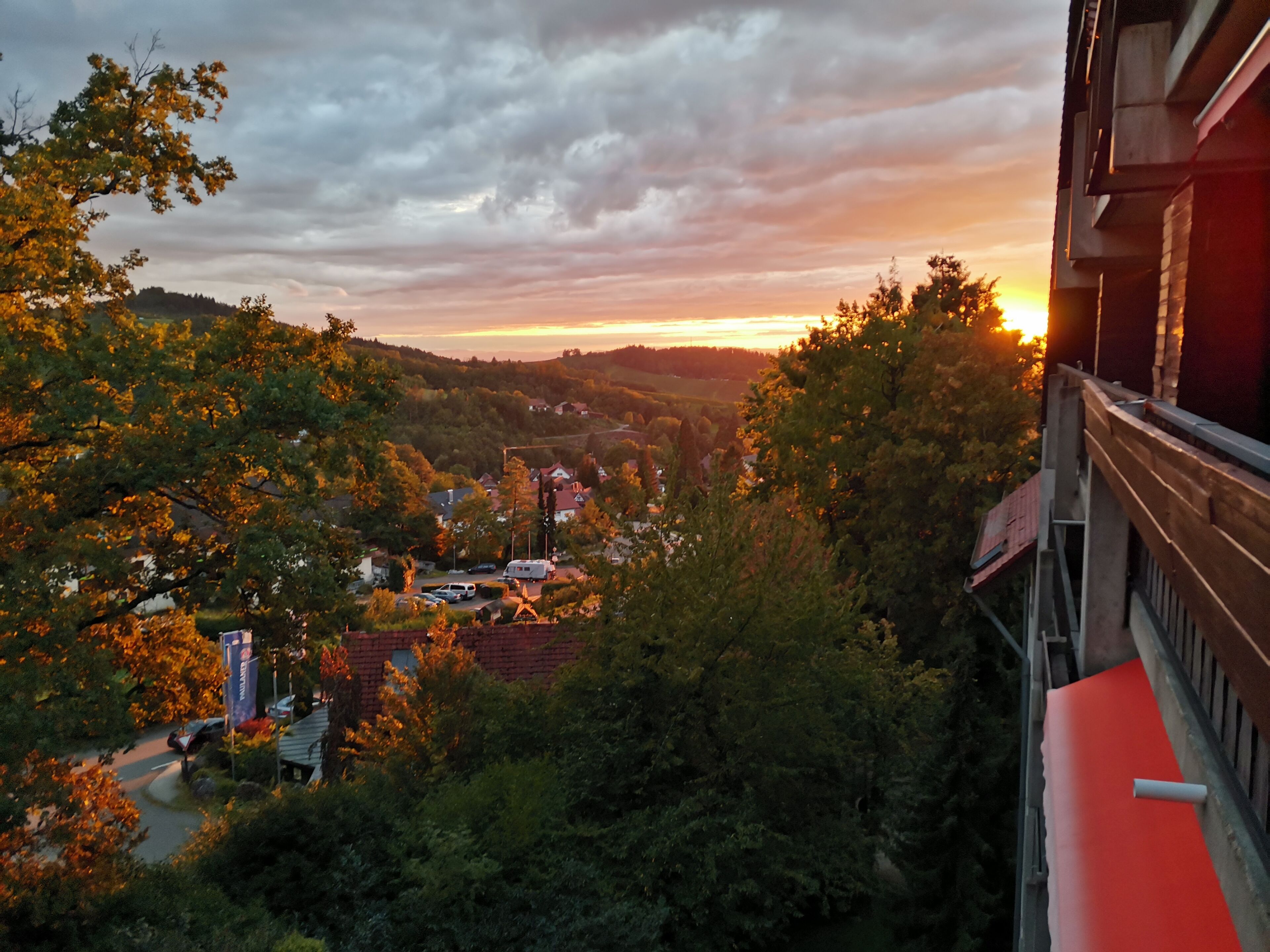 A residential area with houses, trees, and a sunset.