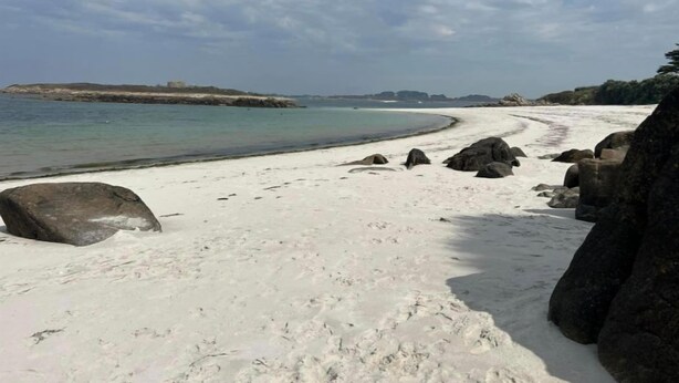 Une plage de sable blanc, avec de gros rochers et une eau calme.