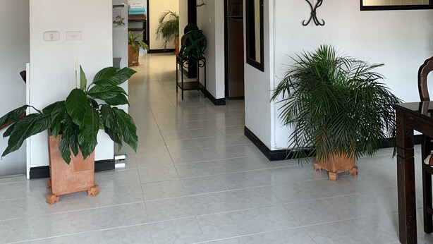 En rummelig gang med hvide vægge, flisegulv og et højt loft med synlige bjælker. Der er krukker med planter, en stol og billeder på væggene.