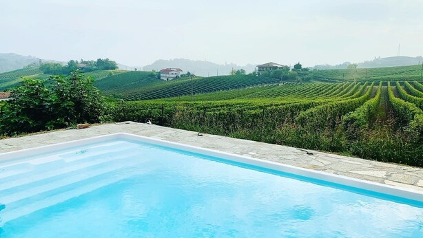 A swimming pool with a view of terraced vineyards in the background. - Villa Bricco 46 - beautiful villa to rent in Piemonte Italy. (Nizza Monferrato)