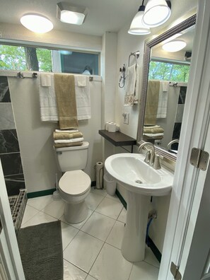 Shower, hair dryer, towels, soap - The Aspen at Hamilton Cove ~ Cabin Eleven ~ Pet Friendly (Royal)
