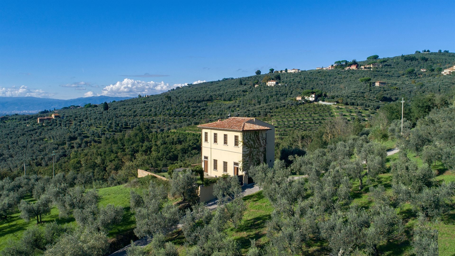 A two-story building with a tiled roof, surrounded by olive groves and set on a hillside.