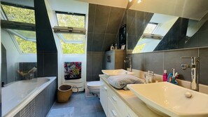 Shower, hair dryer, bidet, towels
