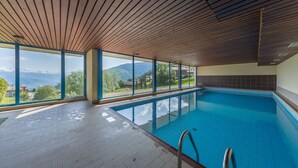 An indoor swimming pool with a wooden ceiling and large windows offering a mountain view.