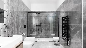 Hair dryer, towels, soap, shampoo